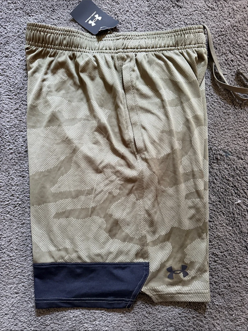 Under Armour Men’s Olive Camo Athletic Shorts with Black Hem Panel